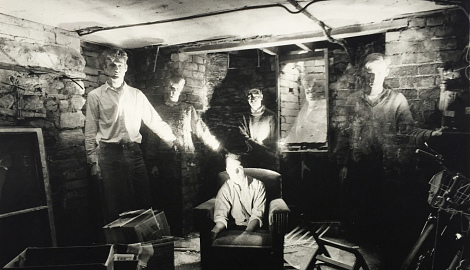 Forced Entertainment in 1984, basement of 388 City Road. L to R: Huw Chadbourn, Susie Williams, Tim Etchells, Robin Arthur, Cathy Naden, Richard Lowdown. Photo: Tim Etchells